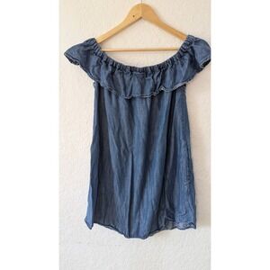 Spoon‎ Jeans Blue Tencel Off the Shoulder Ruffle Chambray Dress Medium
